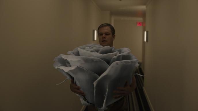 animation process of actor matt damon as paul safranek holding a giant rose bud