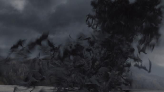 dracula turning into bats in front of cloudy sky