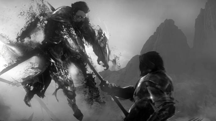 concept art of dracula being impaled through the heart with a stake by a soldier in full armour