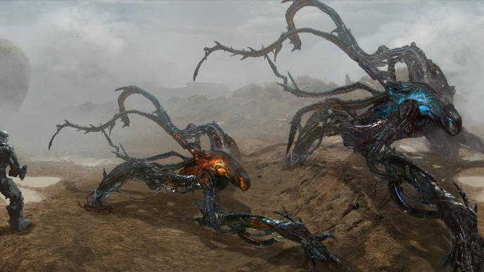 an astronaut fighting off two large mimic aliens