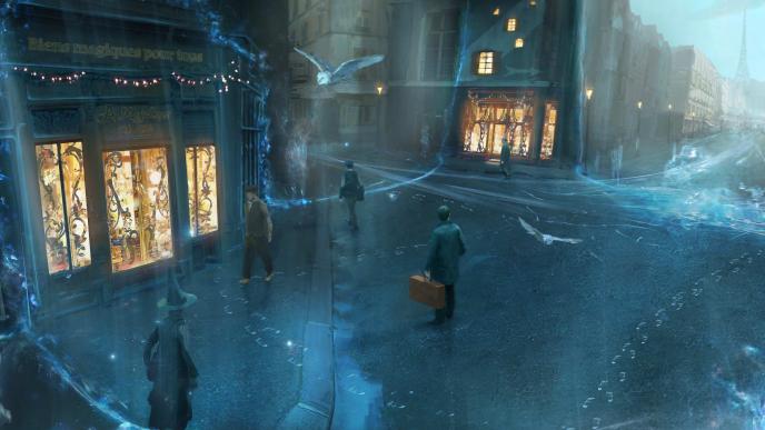 digital art of witches and wizards walking through a high street in paris as an owl flies above. the eiffel tower silhoutte is visible in the distance. there are blue shadows and shapes of cars whizzing through the road
