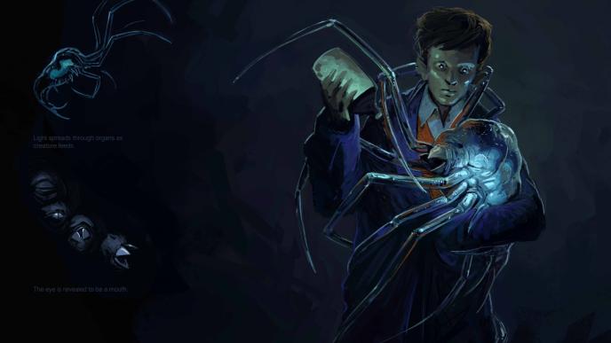 digital art of fantastic beasts and where to find them character newt scamander holding an illuminous creature and a bottle. with a creature sketch process on the left