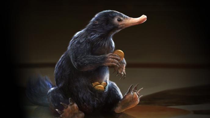 animated art of a niffler creature from fantastic beasts and where to find them sitting down holding a coin with its pouch full of coins