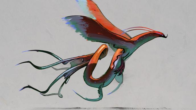 concept art sketch of an occamy creature that is plumed, two legged creature with a serpentine body. it is orange with a teal gradient shade of the inside of its body