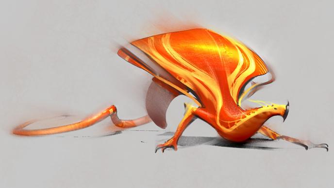 concept art of an serpentine-like plumed occamy creature