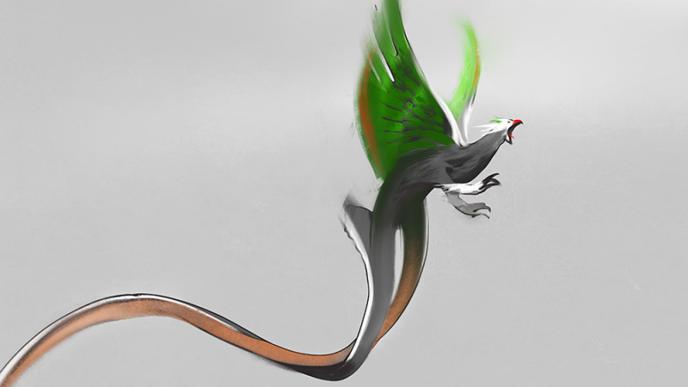 concept art of an serpentine-like plumed occamy creature
