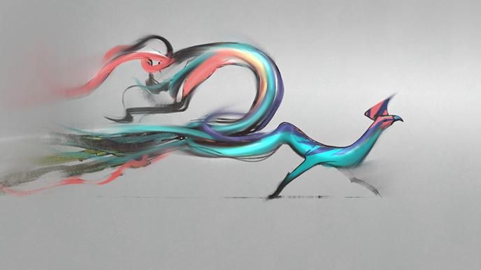 concept art of an serpentine-like plumed occamy creature