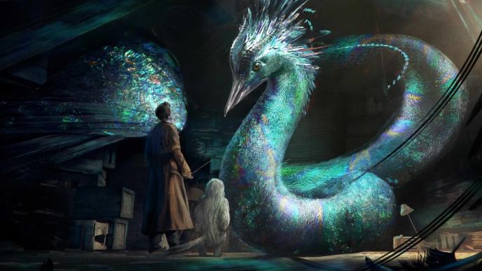 a wizard looking up at a plumed occamy creature that has a serpent-like body and iridescent weathers