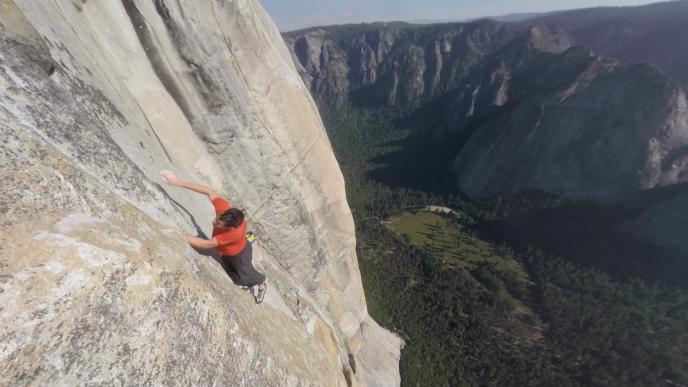 aerial view of a man free climbing el capitan overlooking the yosemite national park