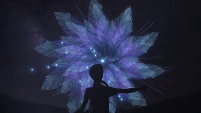 an animated person standing in front of a flower shaped formation