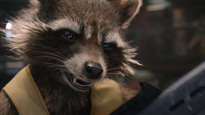 face close up of rocket racoon with his mouth ajar with a stern expression