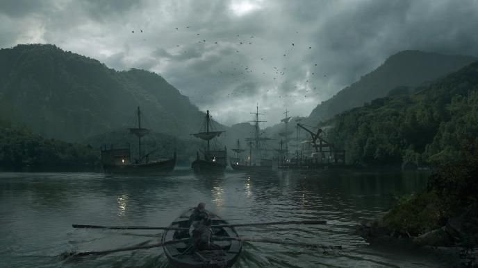 concept art of wooden sail ships docked on calm sea surrounded by mountainous terrain and cloudy skies