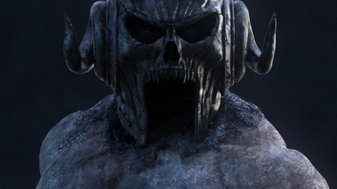 nemesis character wearing a skull shaped horned battle helmet looking directly into the camera