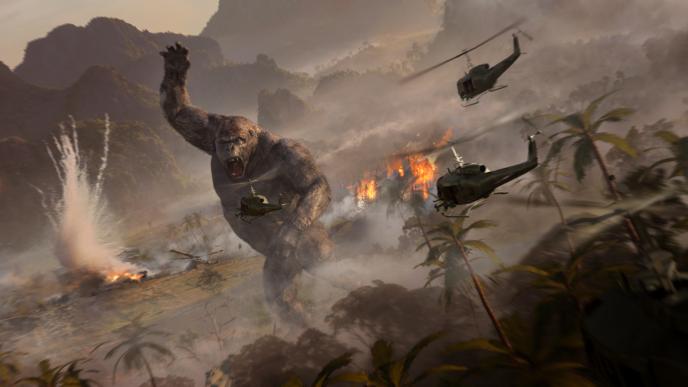 concept art of king kong fighting off helicopters. there are explosions and fire in the background