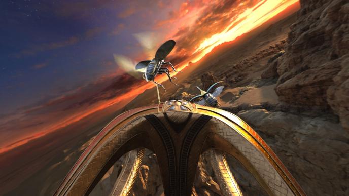 animated golden sledge pulled by two large scarabs that are flying amongst a canyon