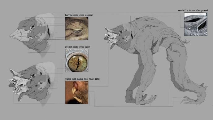 art sketch and character breakdown of a lovecraft monster
