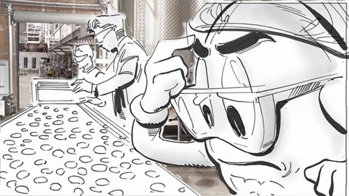 storyboard sketch of a yellow m&m working on a conveyor belt with two people nearby