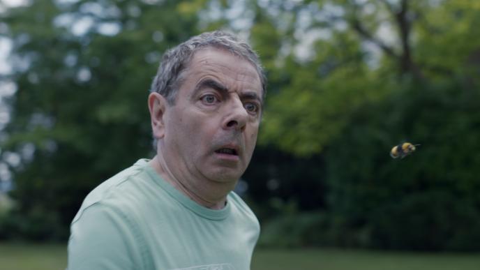 actor rowan atkinson looking confused at a bee flying in front of him