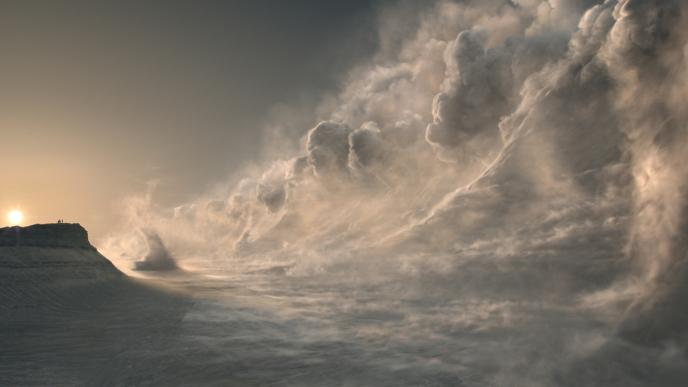 a canyon on planet mars as giant waves of clouds form like a tsunami