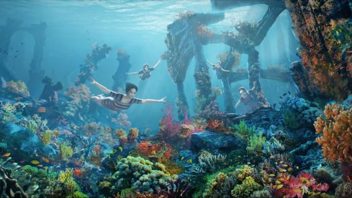 concept art of mary poppins swimming through vibrant coral underwater