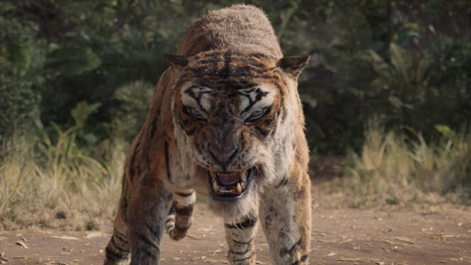 cg animated photorealistic tiger shere khan looking directly into the camera while roaring