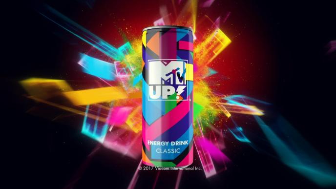 mtv branded energy drink in front of geometrical graphics