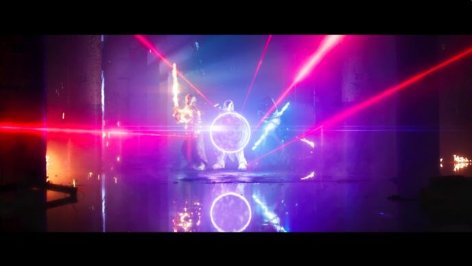 animated characters fighting off laser beams