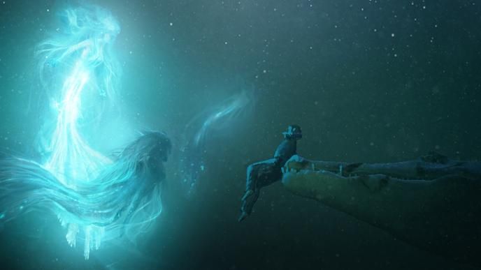 side view of concept art of three mermaids facing an alligator that has a person in its mouth