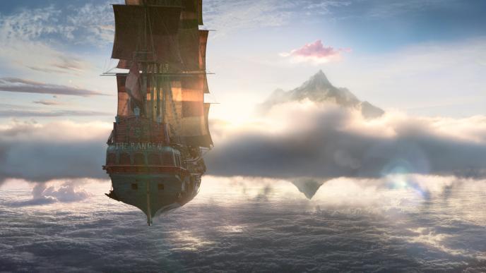 back view of captain hook's sail ship the ranger floating in air towards neverland. there is a blanket of clouds at the bottom and clouds circle the neverland mountain