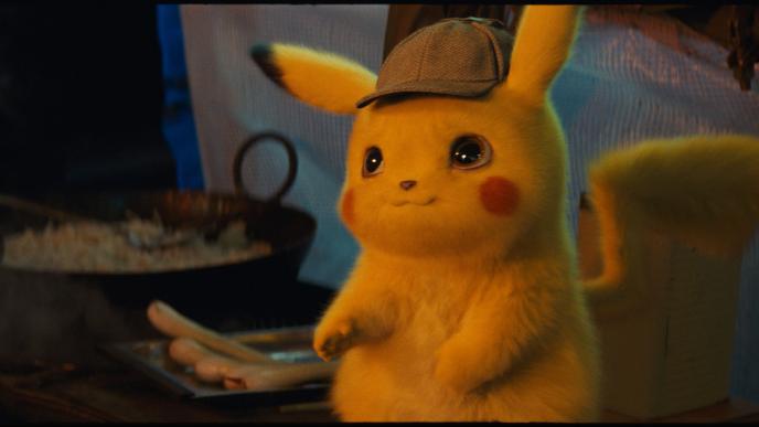 pikachu wearing a detective hat looking up happily