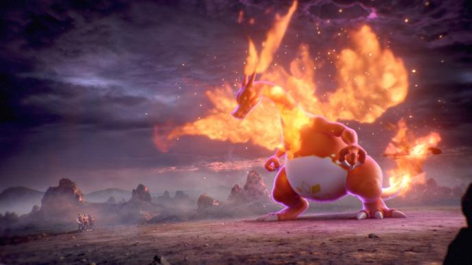 side view of animated charizard pokemon in flames