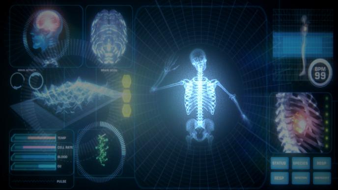 x-ray of a skeleton with medical infographics on the sides
