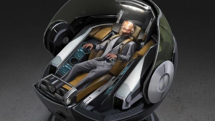 concept art of a person sitting inside of a helmet wearing a suit and vr headset