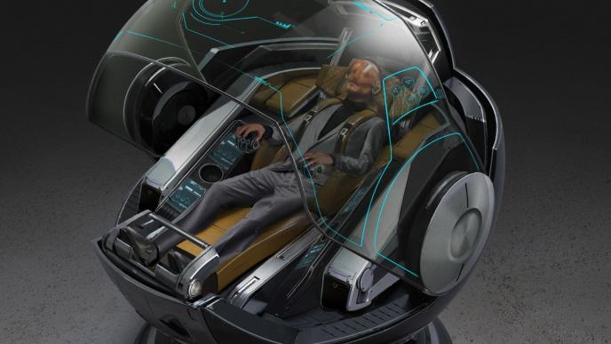 concept art of a person sitting inside of a helmet wearing a suit and vr headset