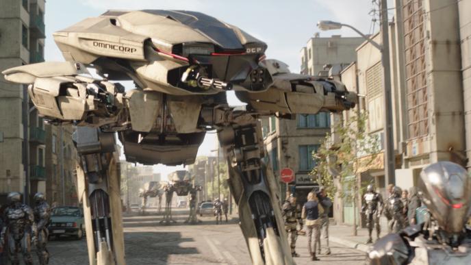 three cg animated photorealistic ed-209 enforcement droids with em-208 androids by the side