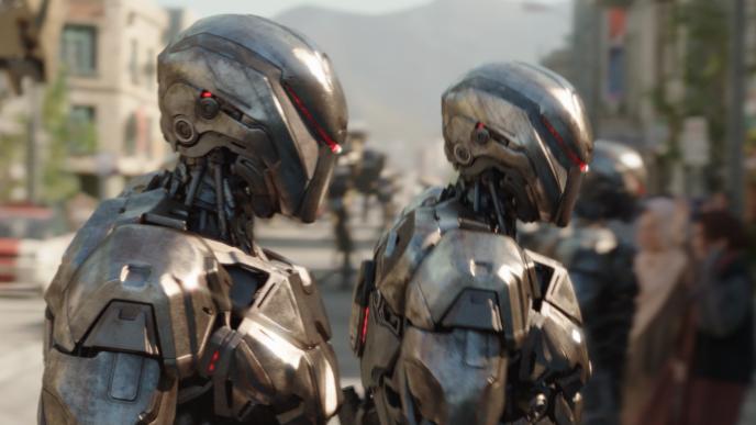 side view of two cg animated photorealistic em-208 android cops