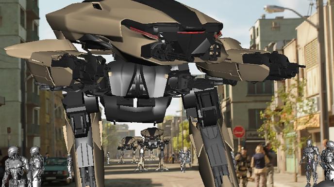 animation process of enforcement droid ed-209 with em-208 androids in the background on the left
