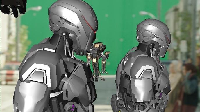 side view of an animation process of em-208 androids in front of a green screen