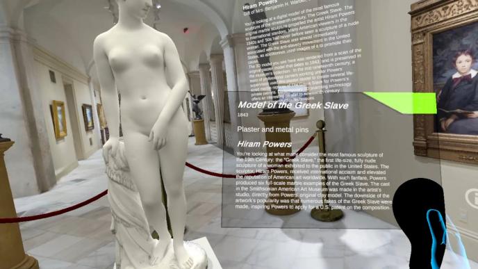 vr perspective of a statue with projected infographics on the right in the smithsonian american art museum