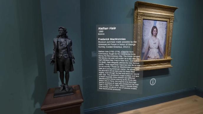 vr perspective of a statue and painting with infographics in the centre set in the smithsonian american art museum