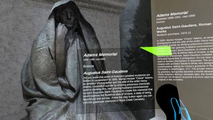 vr perspective of a statue that has infographics on the right set in the smithsonian american art museum