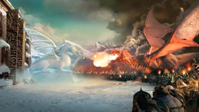 cg animation of a battle field that has fire breathing dragons