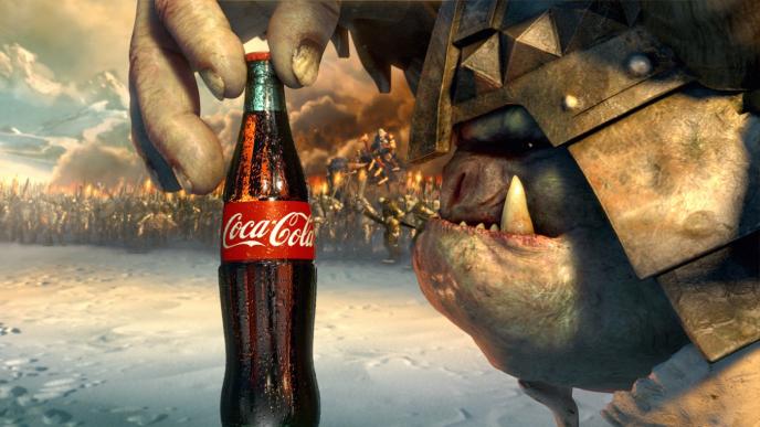 cg animated warrior creature in a helmet, looking at a bottle of coca cola as there is a war waging on in the background