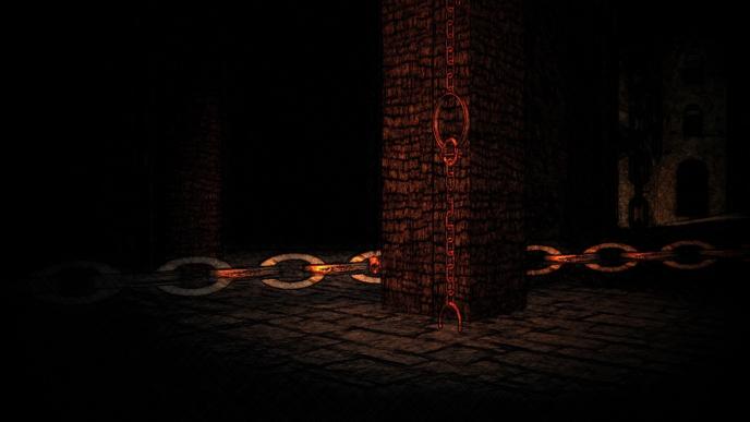 an animated dimly lit dungeon that has a large chain on the ground and hanging from the ceiling
