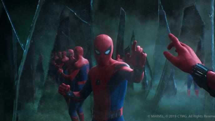 cg animated photorealistic spider-man looking through an infinity mirror
