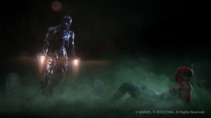 spider man looking up fallen on the ground to the right as a zombified iron man hovers in air through palm jets on the left. it is set in a graveyard surrounded in green mist