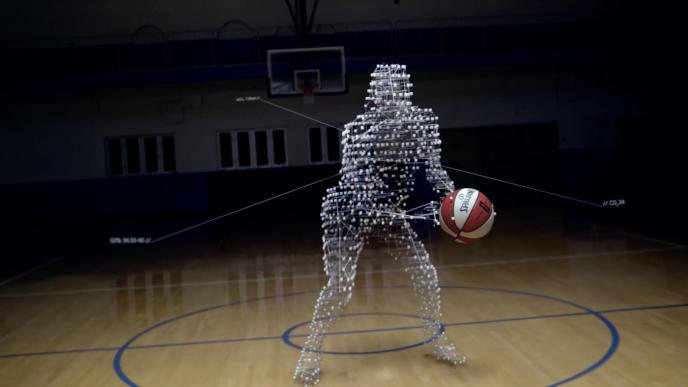 basketball player made up of dynamic graphic designs