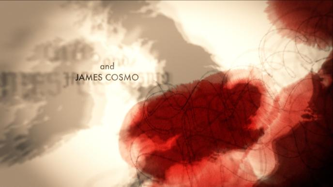 'and james cosmo' text on a background of united kingdom islands and barbed wire that is covered in red stains