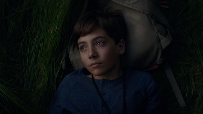 aerial close up shot of a child looking into the distance while laying down