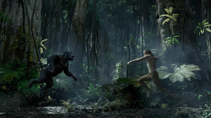 tarzan and an ape charging towards each other in a jungle